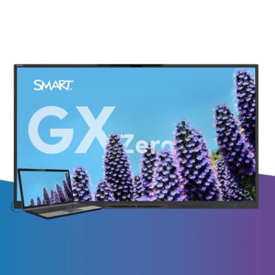 An image of the SMART Board GX Zero series, connective via cable to a laptop.