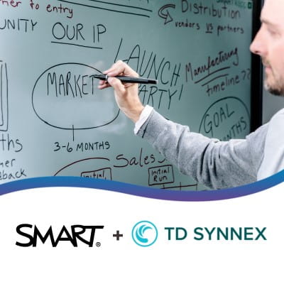 A professional annotating on a SMART Interactive Display, using the whiteboard features. The SMART and TD Synnex logos appear at the bottom of the image under a purple and blue gradient wave.