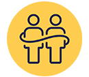 Icon depicting two figures with a shared speech bubble, symbolizing the Lumio Certified Trainer Community.