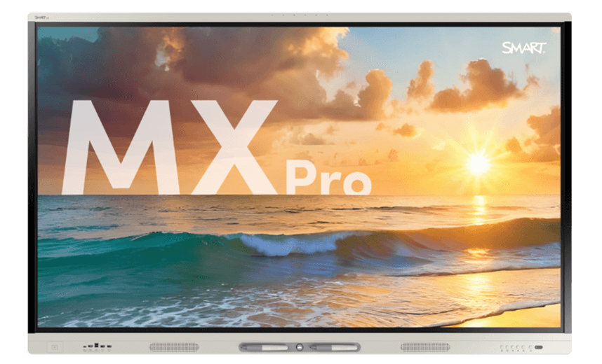 SMART Board MX Pro with a clear and vivid display of a beach sunrise scene, showcasing the screen's high resolution and color accuracy.