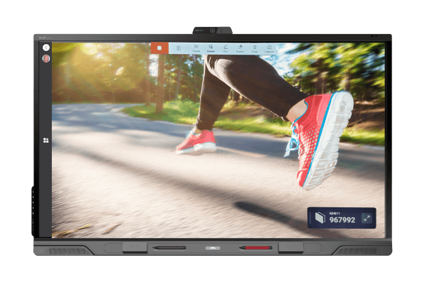 QX Pro series interactive display used for photo editing, featuring a high-resolution image of sneakers in motion, highlighting the display's color accuracy and detail rendering.