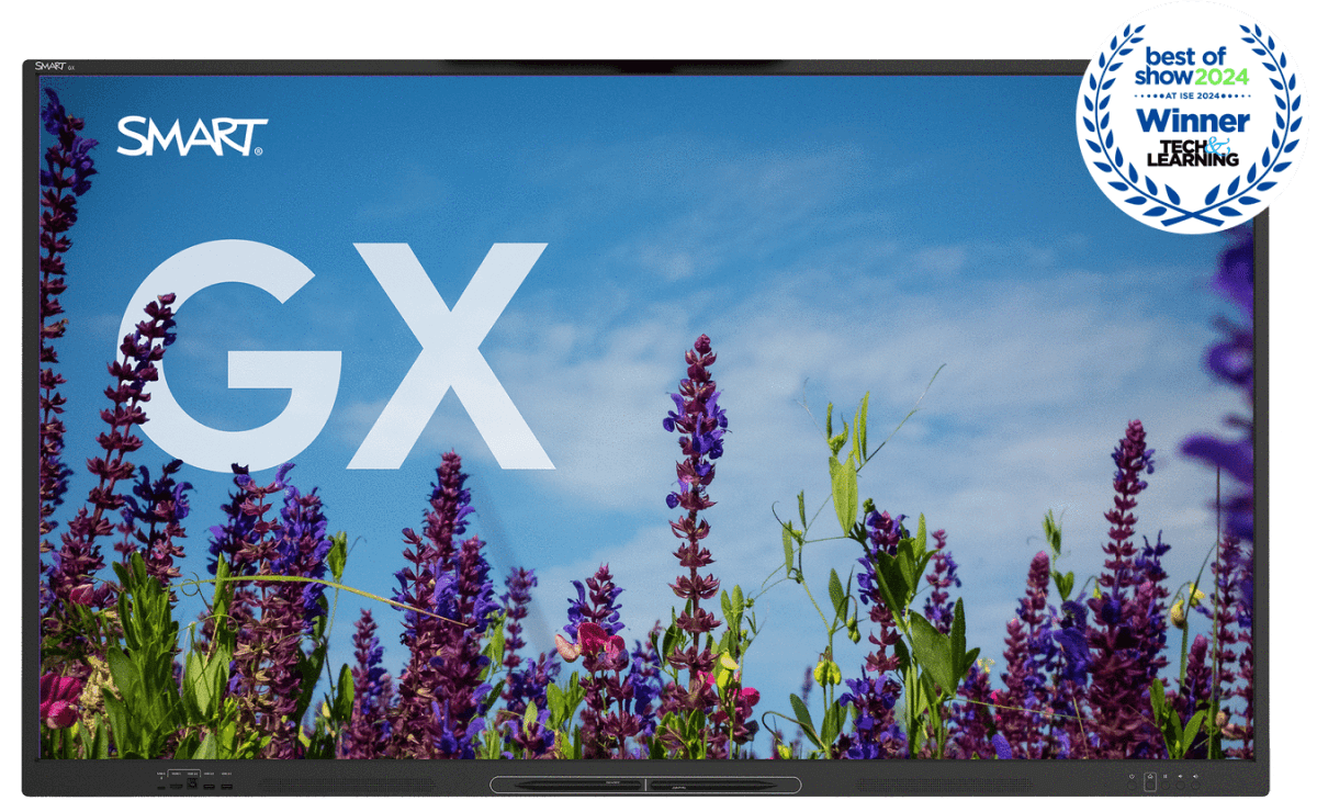 The GX series interactive display by SMART, featuring a crisp image of blooming purple lupine flowers against a blue sky, complemented by the accolade of 'Best of Show 2024' from Tech & Learning at the ISE event.