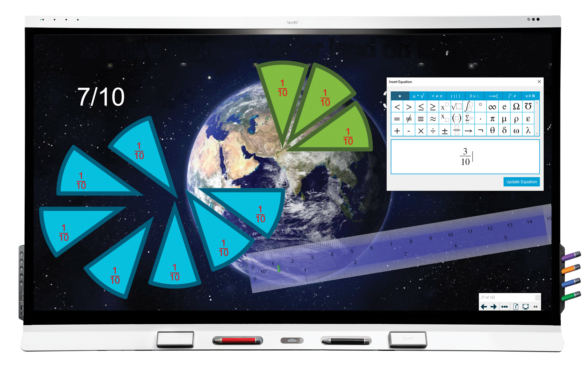 SMART Notebook educational tool displayed on a SMART Board featuring a space scene and math fractions exercise, free to download.