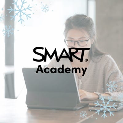 An educator partaking in online training with snowflake graphics around. Text overlays the image reading “SMART Academy.”