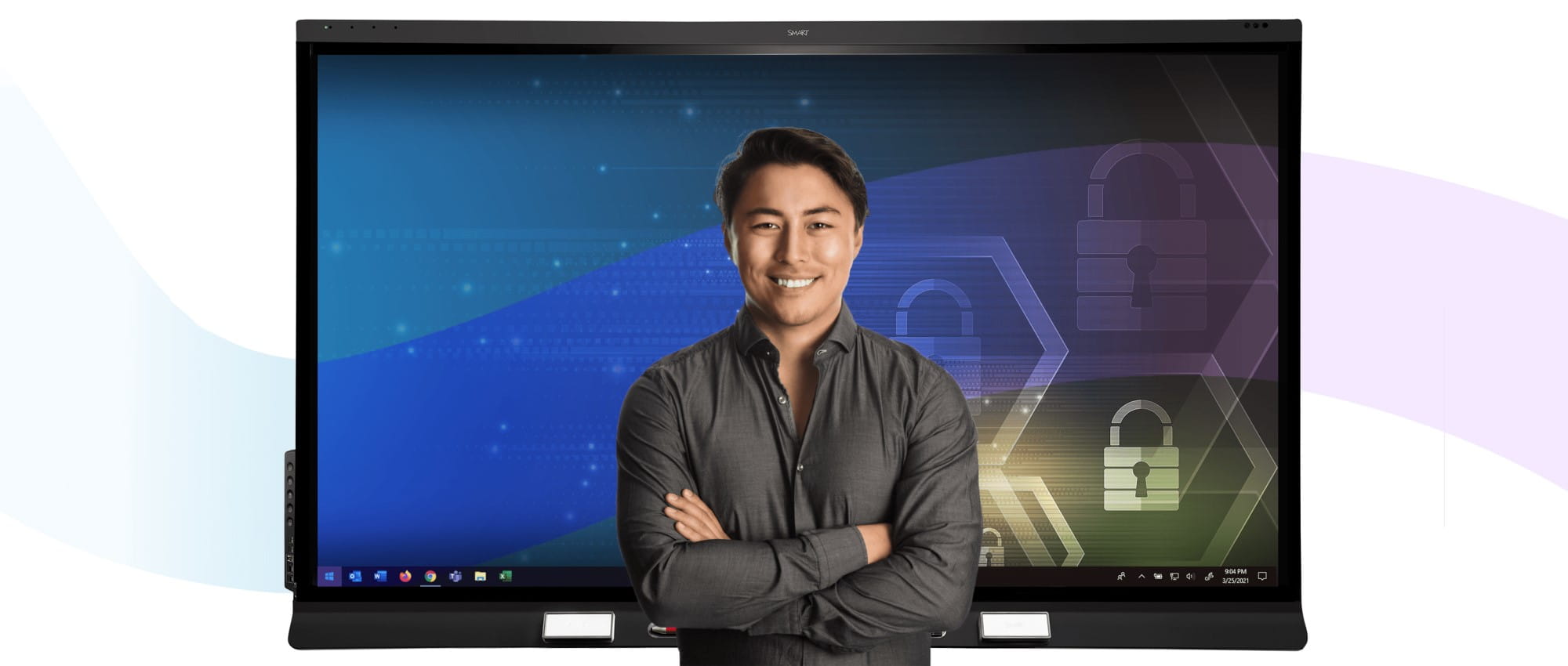Professional smiling in front of a SMART Board display showcasing security features with lock icons and a vibrant blue digital background.