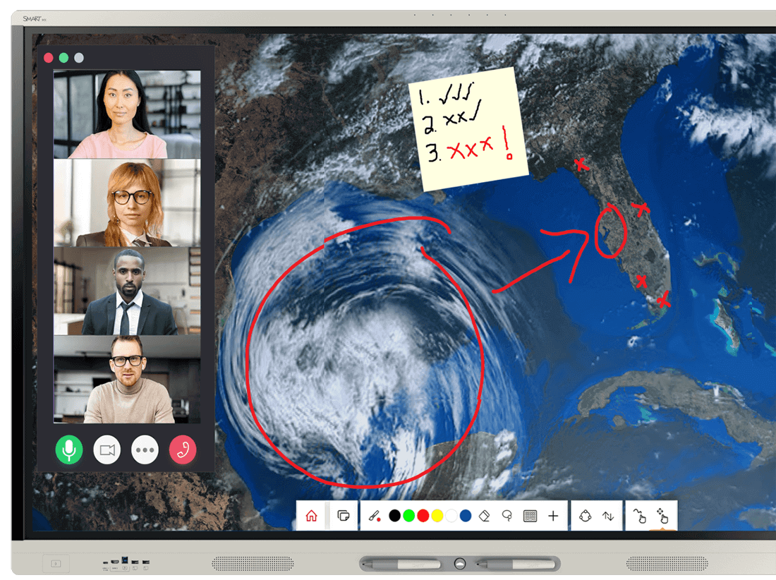 Online meeting participants viewing a satellite image of a hurricane with annotated evacuation routes and marked danger zones on a SMART board.