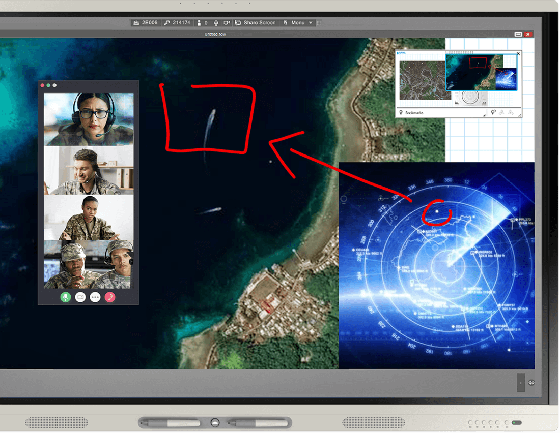 A team of military personnel engaged in a virtual meeting with a radar screen and aerial imagery of a coastline on the shared screen.